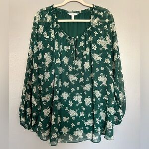 LC Lauren Conrad Women’s Plus Green Floral Sheer Sleeve Keyhole Tie Front Top 2X